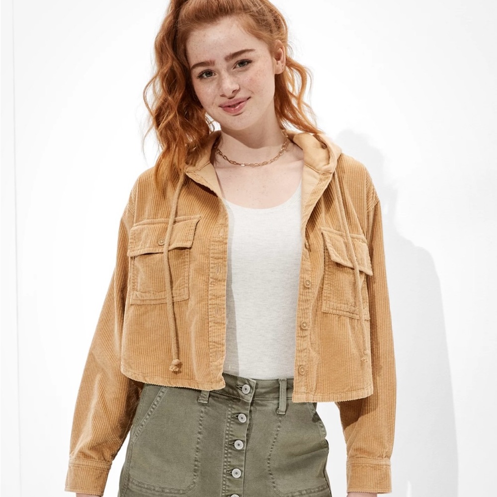 AE American Eagle Hooded Cropped Tan 
Corduroy Button-Up Shirt Jacket Small